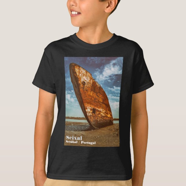 Rusted Shipwreck beached or stranded on a beach T-Shirt (Front)