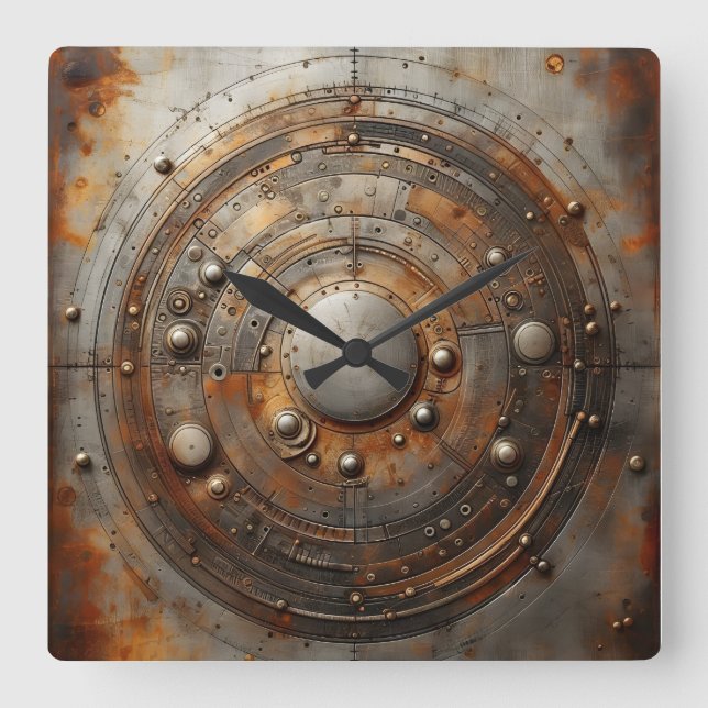 rusted steel object square wall clock (Front)