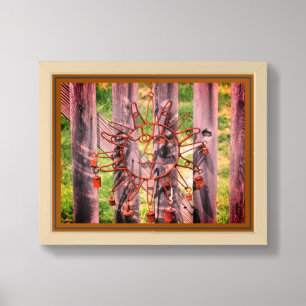 Rusted Wire Sun Face On Fence Framed Art