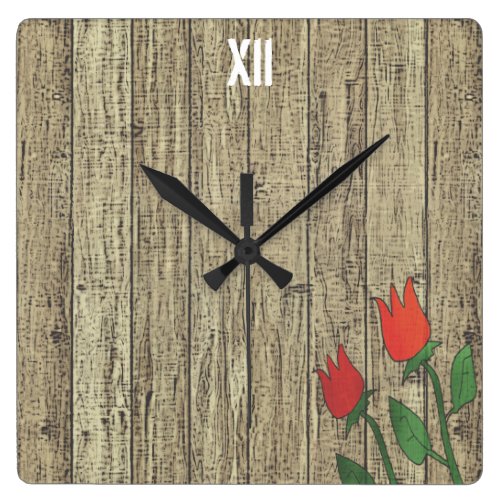 Rusted Wood Texture Fence Red Tulip Flower Chic Square Wall Clock Rusted Wood Texture Fence Red Tulip Flower Chic Square Wall Clock