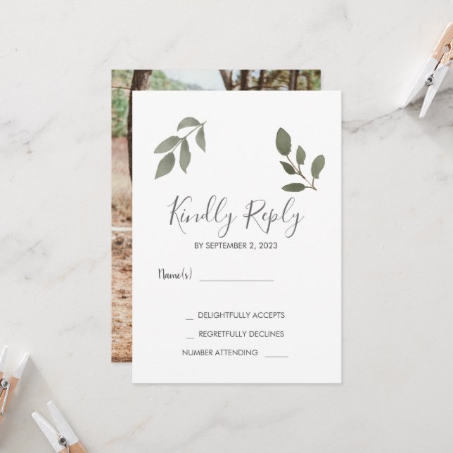 Rusti elegant botanical leaves photo Wedding RSVP Invitation (Front/Back In Situ)