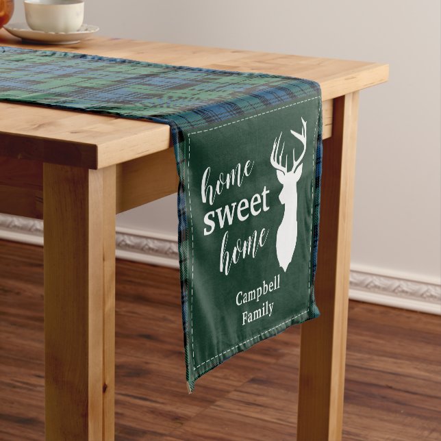 Rusti Plaid Tartan Christmas Antlers Green Check Short Table Runner (In Situ)