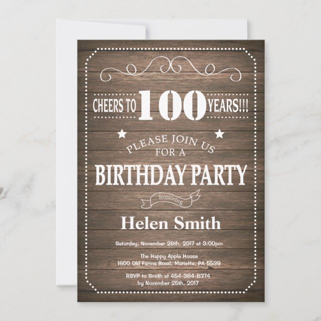Rustic 100th Birthday Invitation (Front)