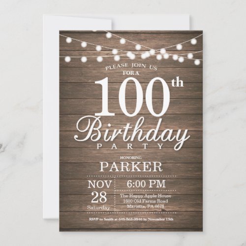 Rustic 100th Birthday Invitation String Lights