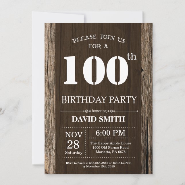 Rustic 100th Birthday Invitation Vintage Wood (Front)