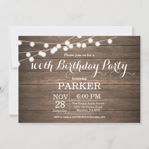 Rustic 100th Birthday Invitation Wood