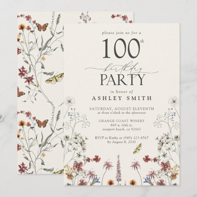 Rustic 100th Birthday Party Wildflower Garden Invitation (Front/Back)