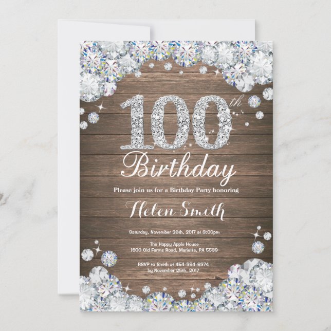Rustic 100th Birthday Silver Diamond Invitation (Front)