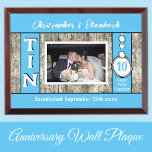 Rustic 10 year tin Anniversary photo blue Award Plaque<br><div class="desc">Rustic 10 year wedding gift idea / wall plaque.
*Wood graphic effect background.
Add names,  a photo and the established date.
10th tin wedding anniversary.
*the wood backing behind the photo is not real wood.
Blue</div>