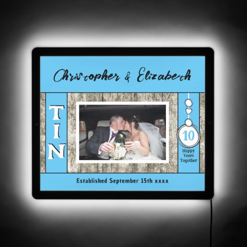 Rustic 10 year tin Anniversary photo blue LED Sign