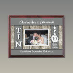 Rustic 10 year tin Anniversary photo grey Award Plaque<br><div class="desc">Rustic 10 year wedding gift idea / wall plaque.
*Wood graphic effect background.
Add names,  a photo and the established date.
10th tin wedding anniversary.
*the wood backing behind the photo is not real wood.
Grey</div>