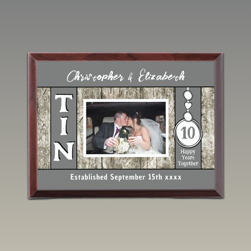 Rustic 10 year tin Anniversary photo grey Award Plaque