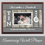 Rustic 10 year tin Anniversary photo grey Award Plaque<br><div class="desc">Rustic 10 year wedding gift idea / wall plaque.
*Wood graphic effect background.
Add names,  a photo and the established date.
10th tin wedding anniversary.
*the wood backing behind the photo is not real wood.
Grey</div>