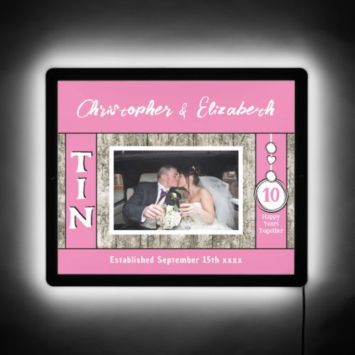 Rustic 10 year tin Anniversary photo pink LED Sign