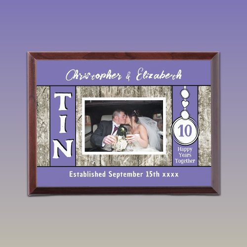 Rustic 10 year tin Anniversary photo purple Award Plaque