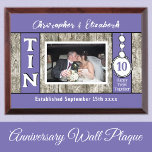 Rustic 10 year tin Anniversary photo purple Award Plaque<br><div class="desc">Rustic 10 year wedding gift idea / wall plaque.
*Wood graphic effect background.
Add names,  a photo and the established date.
10th tin wedding anniversary.
*the wood backing behind the photo is not real wood.
Purple</div>