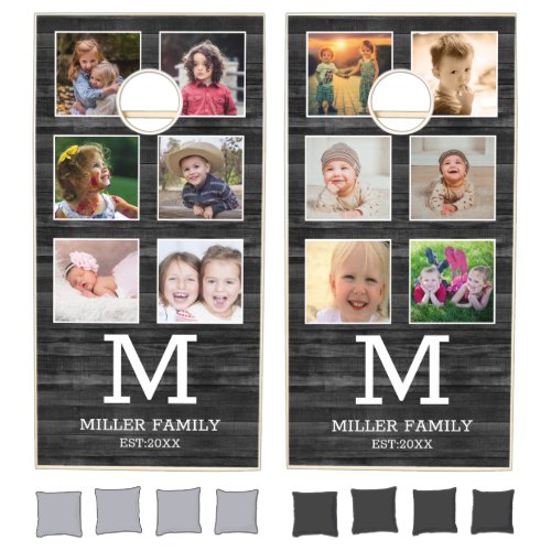 Rustic 12 Photo Collage Family Monogram Black Cornhole Set