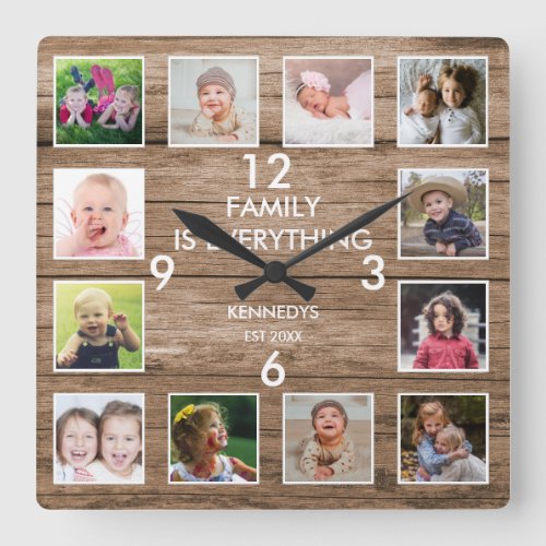 Rustic 12 Photo Collage Family Quote ReclaimedWood Square Wall Clock