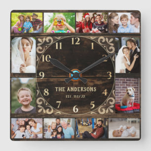 Rustic 12-Photo Family Collage Clock –Personalized