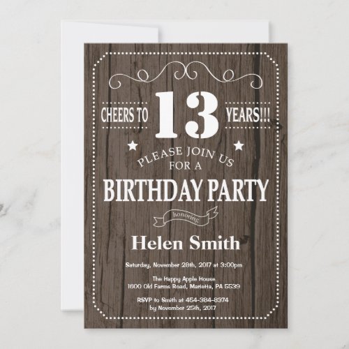 Rustic 13th Birthday Invitation