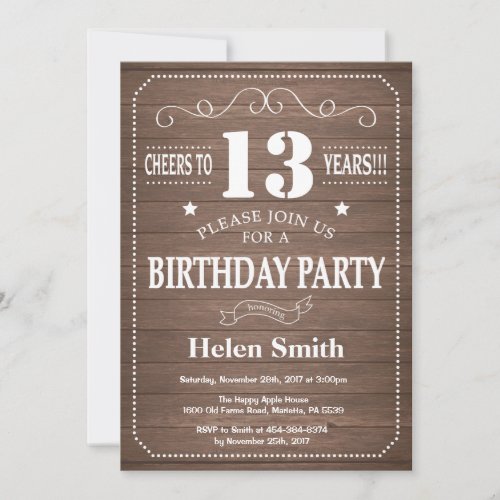 Rustic 13th Birthday Invitation