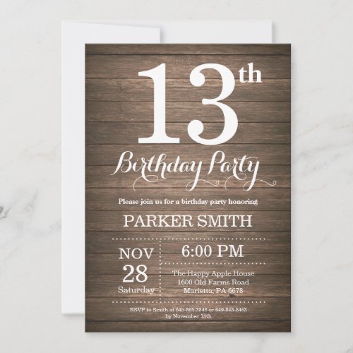 Rustic 13th Birthday Invitation