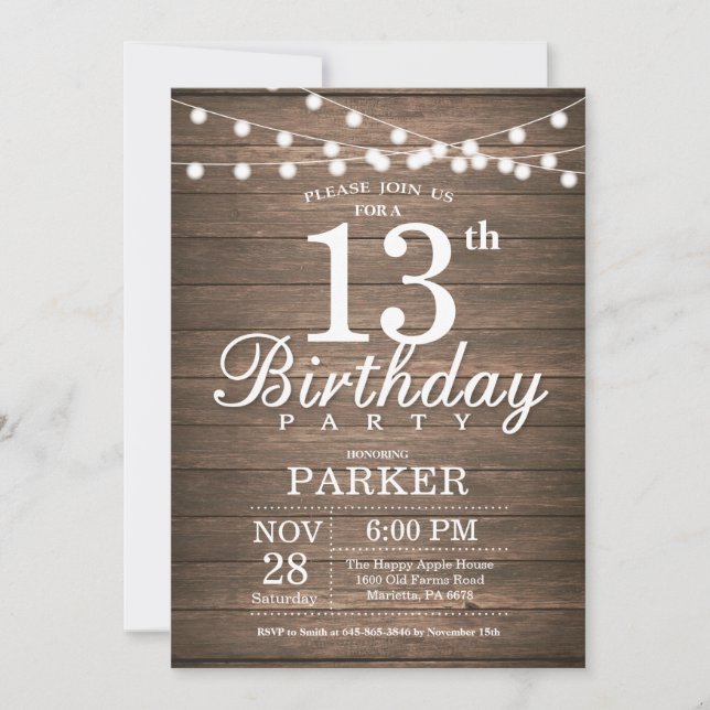 Rustic 13th Birthday Invitation String Lights Wood (Front)
