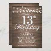 Rustic 13th Birthday Invitation String Lights Wood (Front/Back)