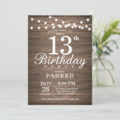 Rustic 13th Birthday Invitation String Lights Wood (Standing Front)