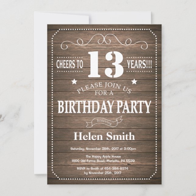 Rustic 13th Birthday Invitation Vintage Retro (Front)