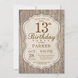 Rustic 13th Birthday Invitation Wood