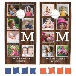 Rustic 14 Photo Collage Barn Wood Family Monogram Cornhole Set