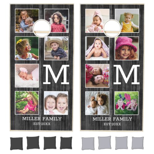 Rustic 14 Photo Collage Black Wood Family Monogram Cornhole Set