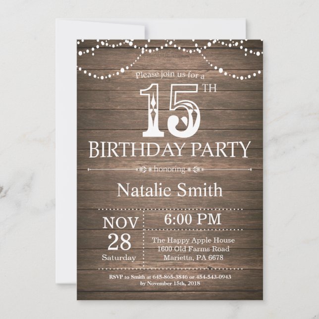 Rustic 15th Birthday Invitation String Lights (Front)