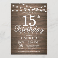 Rustic 15th Birthday Invitation String Lights Wood