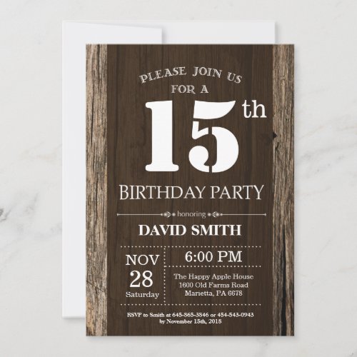 Rustic 15th Birthday Invitation Vintage Wood