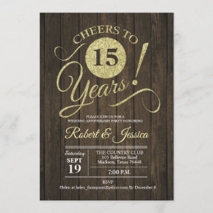 Rustic 15th Wedding Anniversary - Gold Wood Invitation