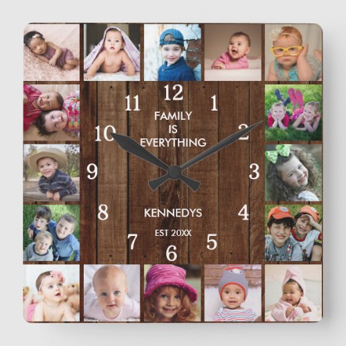 Rustic 16 Photo Collage Family Quote Pallet Wood  Square Wall Clock