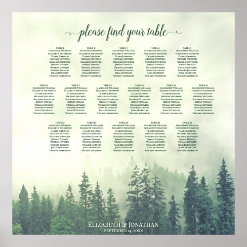 Rustic 16 Table Green Forest Wedding Seating Chart