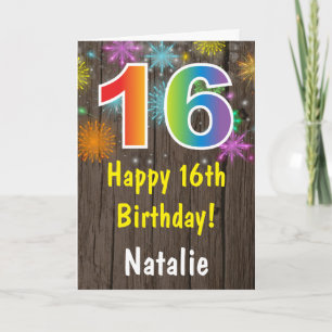 Rustic 16th Birthday Colorful Rainbow Fireworks Card