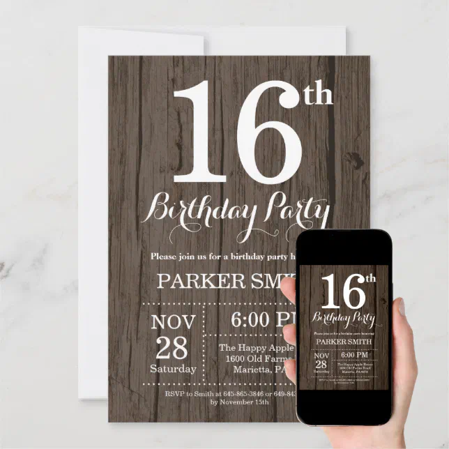 Rustic 16th Birthday Invitation | Zazzle