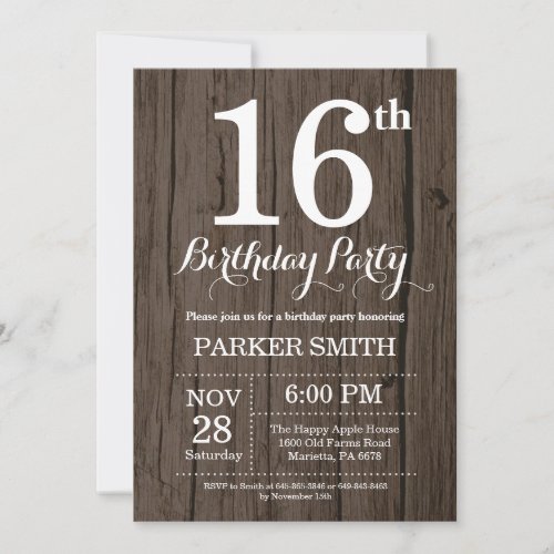 Rustic 16th Birthday Invitation