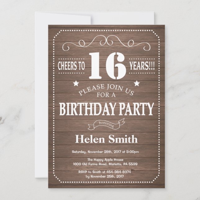 Rustic 16th Birthday Invitation (Front)