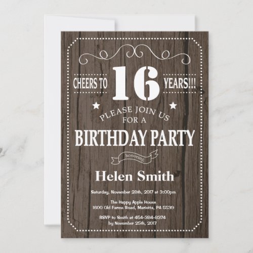 Rustic 16th Birthday Invitation