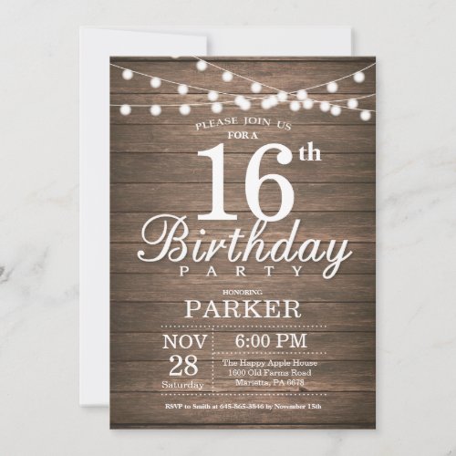Rustic 16th Birthday Invitation String Lights Wood