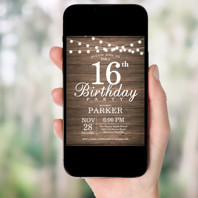 Rustic 16th Birthday Invitation String Lights Wood (Front Digital)