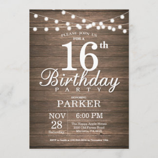 Rustic 16th Birthday Invitation String Lights Wood