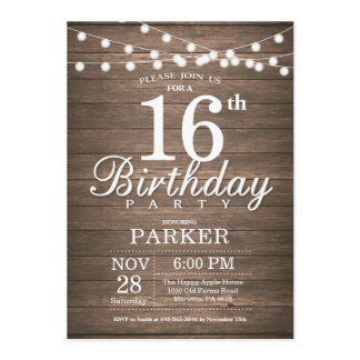 Rustic 16th Birthday Invitation String Lights Wood