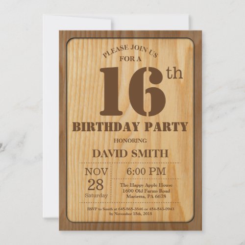 Rustic 16th Birthday Invitation Vintage Wood