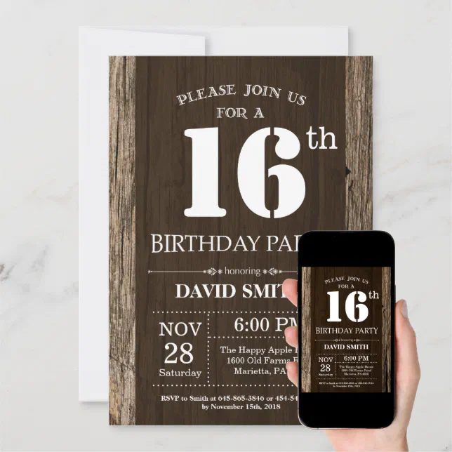Rustic 16th Birthday Invitation Vintage Wood | Zazzle